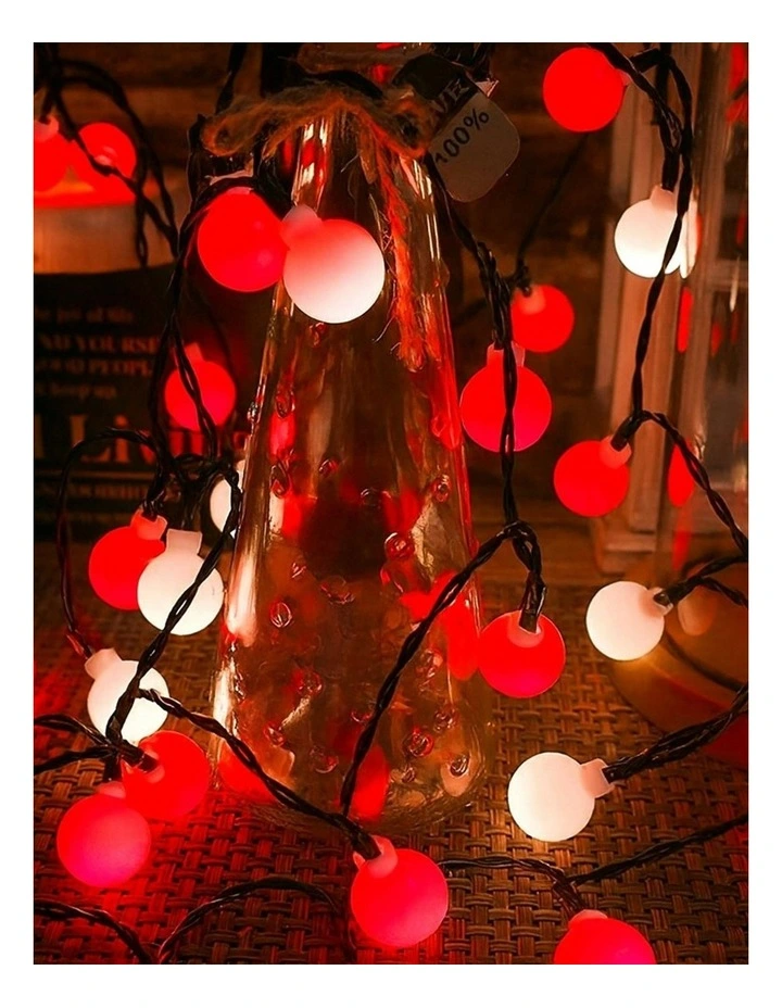 300 LED Connectable Cluster String Light with Cherry Balls in Dark Green Cable Red   White image 2