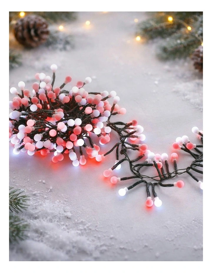 300 LED Connectable Cluster String Light with Cherry Balls in Dark Green Cable Red   White image 3