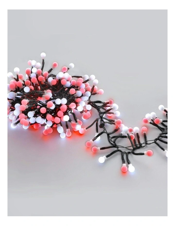 300 LED Connectable Cluster String Light with Cherry Balls in Dark Green Cable Red   White image 4