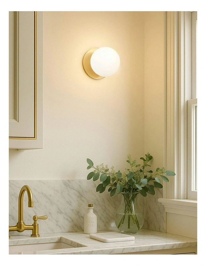 Odessa Opal Frosted Glass LED Wall Light with Brass Base in White/Small image 7