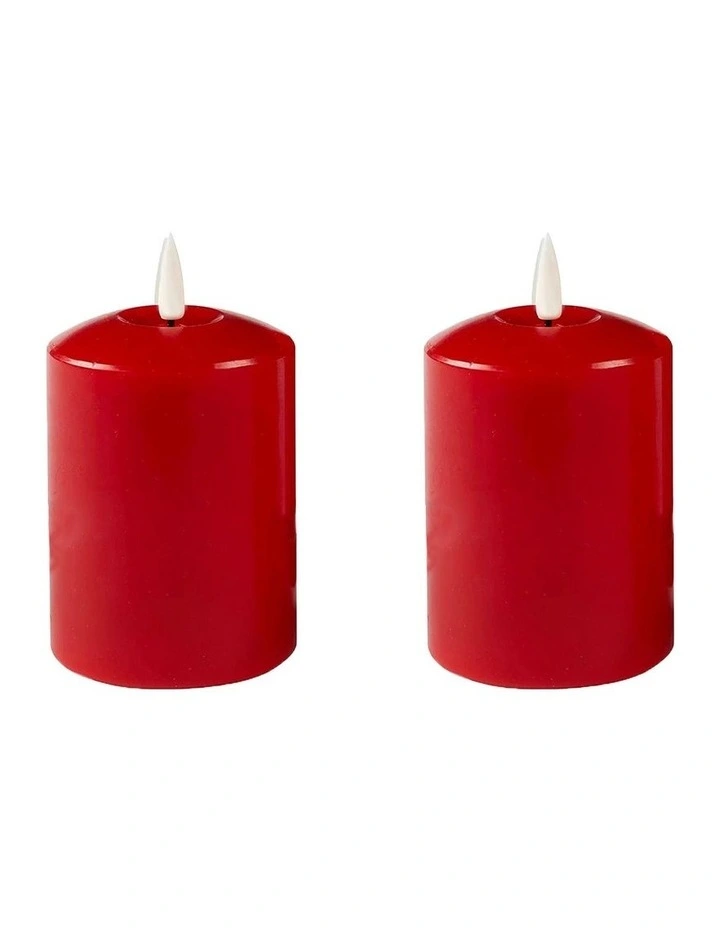 LED 13.5cm Wax Pillar Candles 2-Set in Red image 1