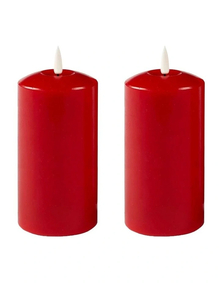 LED 23.5cm Wax Pillar Candles 2-Set in Red image 1