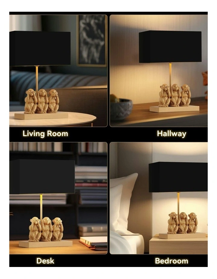 Three Wise Monkeys Table Lamp in Black/Gold image 3