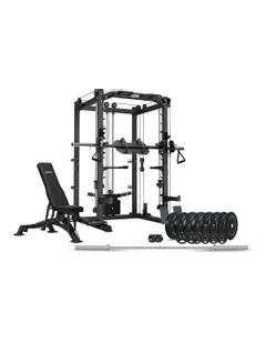 Smith Station with Olympic Tri-Grip Weights, Bar and Bench Set 6-in-1 in Black
