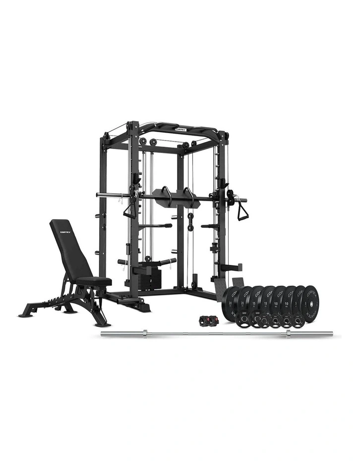 Smith Station with Olympic Tri-Grip Weights, Bar and Bench Set 6-in-1 in Black image 1