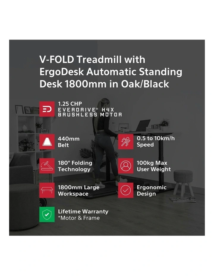 V-Fold Treadmill with ErgoDesk Automatic Standing Desk 1800mm in Oak image 3