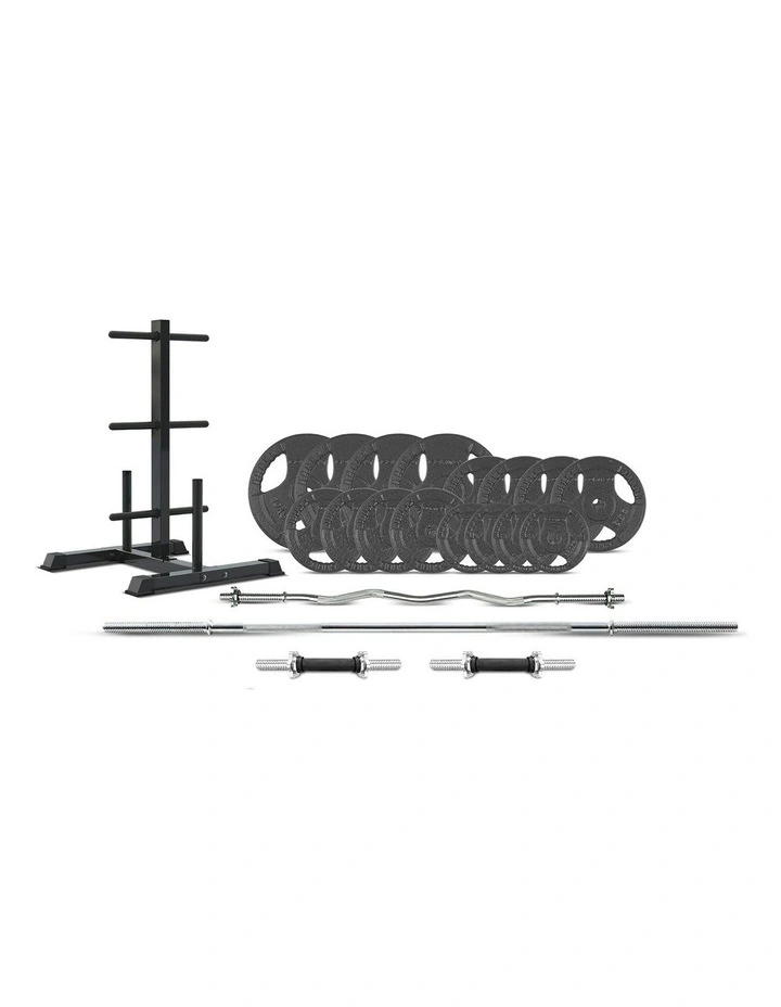 90kg Tri Grip Standard Barbell Weight Set 25mm with Weight Tree in Black image 1