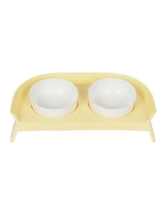 Pakeway Double Plastic Dog/Cat Pet Food/Water Feeding Ceramic Bowls w/ Rack YLLW