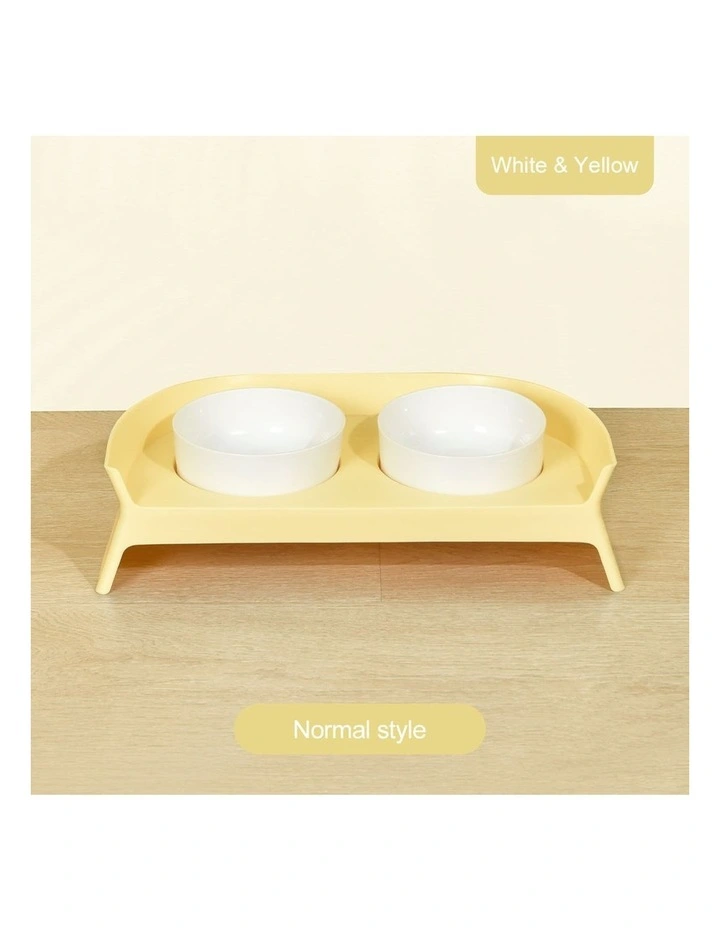 Pakeway Double Plastic Dog/Cat Pet Food/Water Feeding Ceramic Bowls w/ Rack YLLW image 2