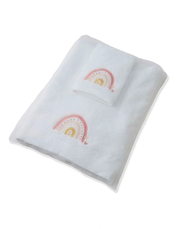 Rainbow Bath Towel and Face Washer with Organza Bag in White image 1