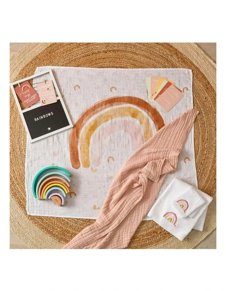 Rainbow Bath Towel and Face Washer with Organza Bag in White image 3