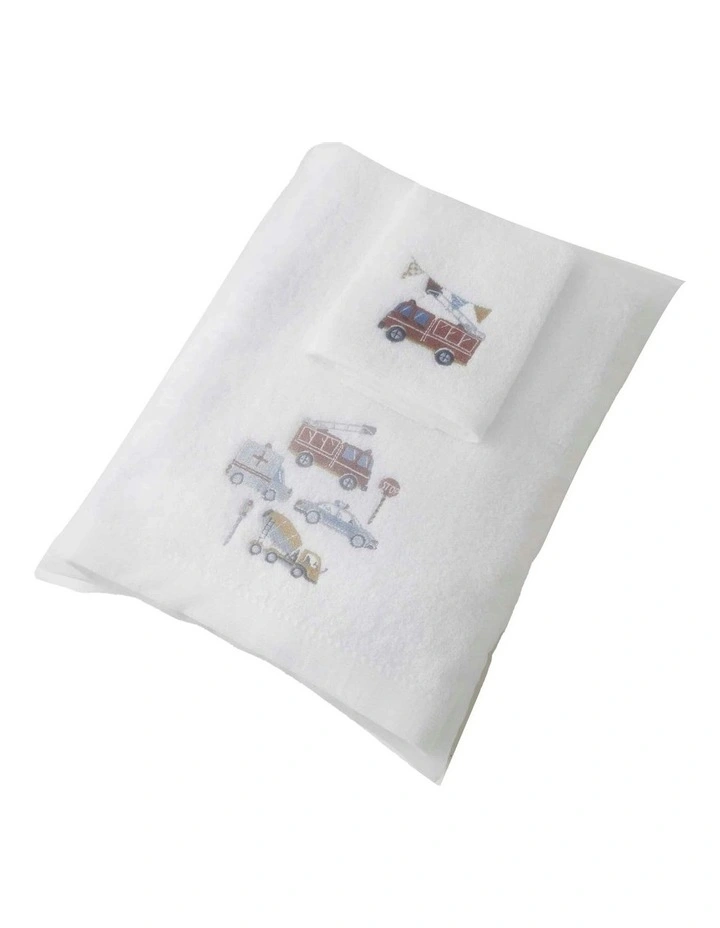 Cotton Transport Bath Towel and Face Washer with Organza Bag in White image 1
