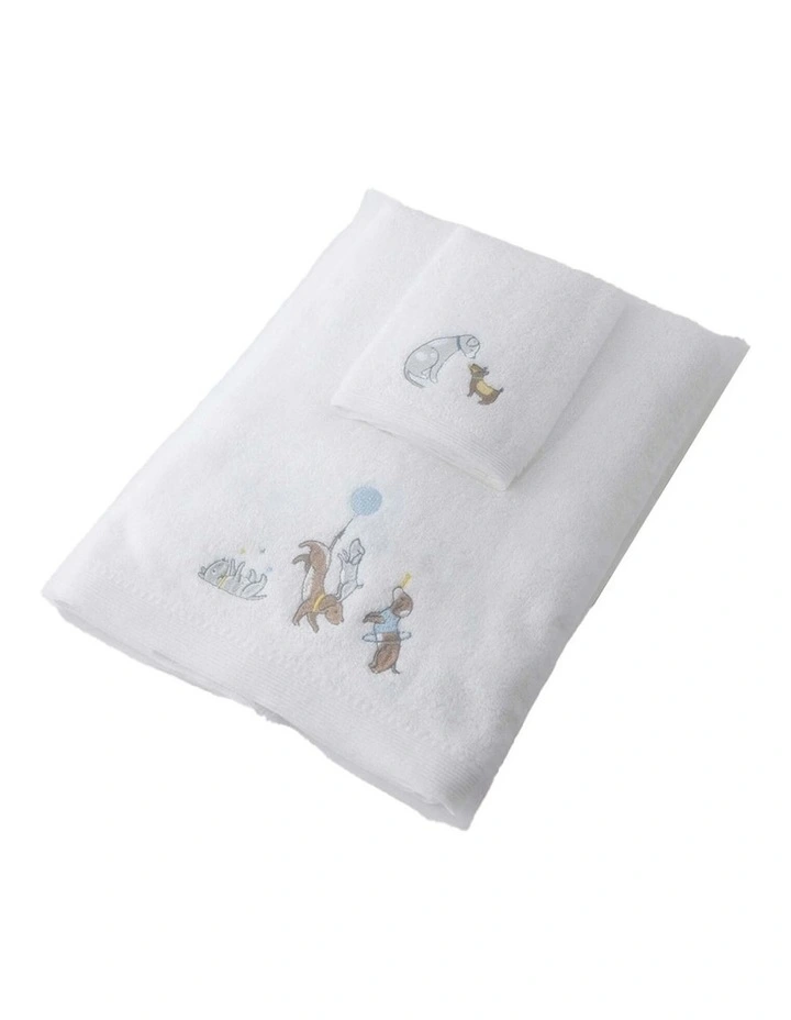 Puppy Play Bath Towel and Face Washer 2Piece in White image 1