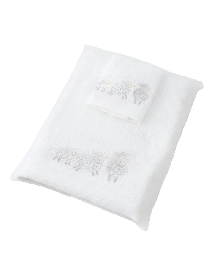 Sheep Family Baby Bath Towel and Face Washer with Organza Bag in White image 1