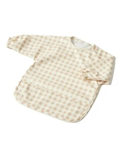 Polyester Gingham Smock Long-Sleeve Feeding Apron in Beige