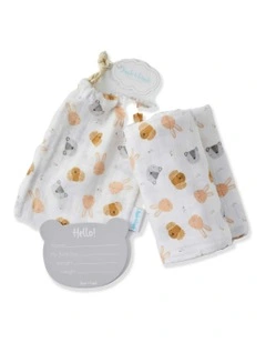 Animal Faces Cotton Muslin Wrap & Arrival Card With Bag in White