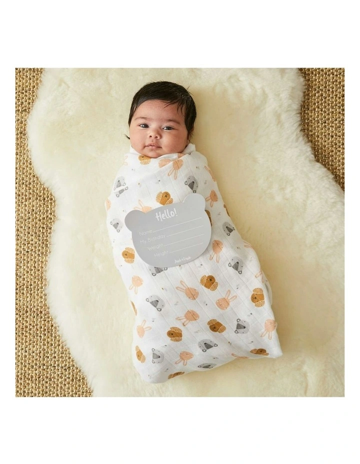 Animal Faces Cotton Muslin Wrap & Arrival Card With Bag in White image 2