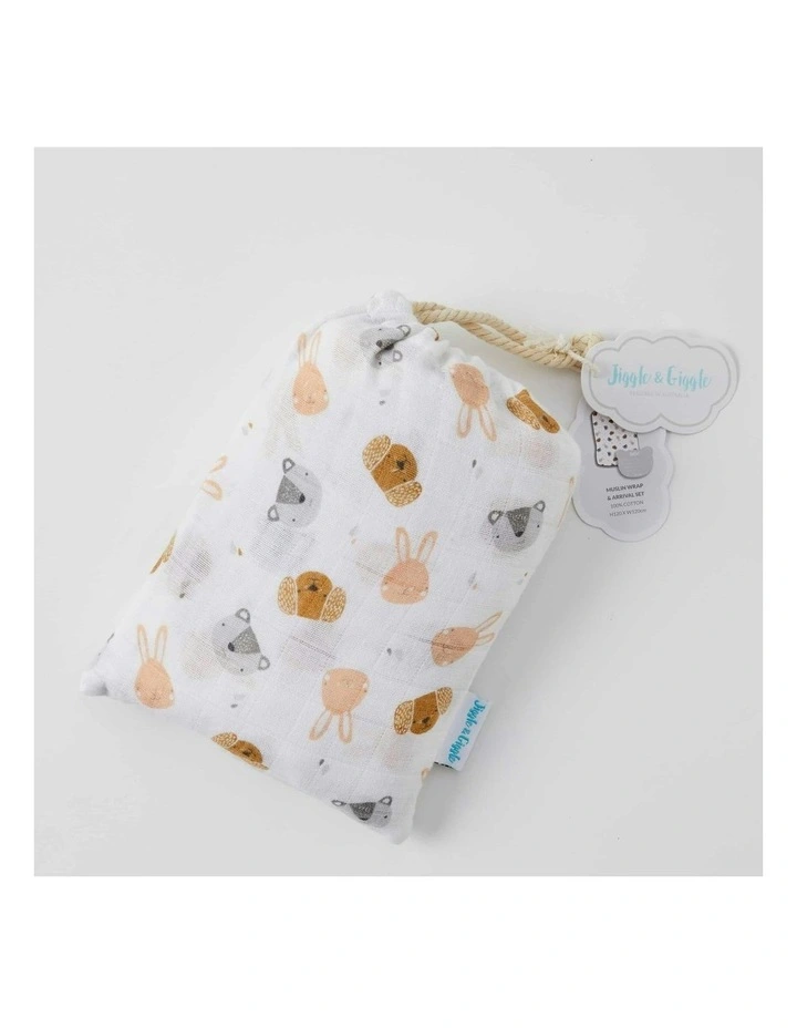 Animal Faces Cotton Muslin Wrap & Arrival Card With Bag in White image 4