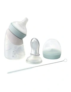 Silicone Angled Feeding Bottle And Spoon in Green