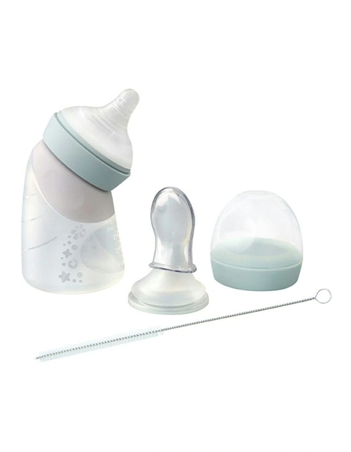 Silicone Angled Feeding Bottle And Spoon in Green image 1