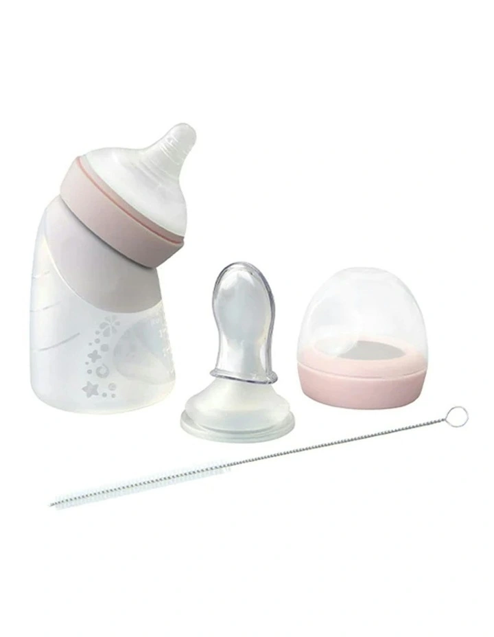 Silicone Angled Feeding Bottle And Spoon in Pink image 1
