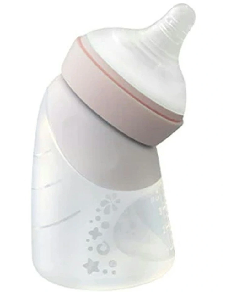 Silicone Angled Feeding Bottle And Spoon in Pink image 2