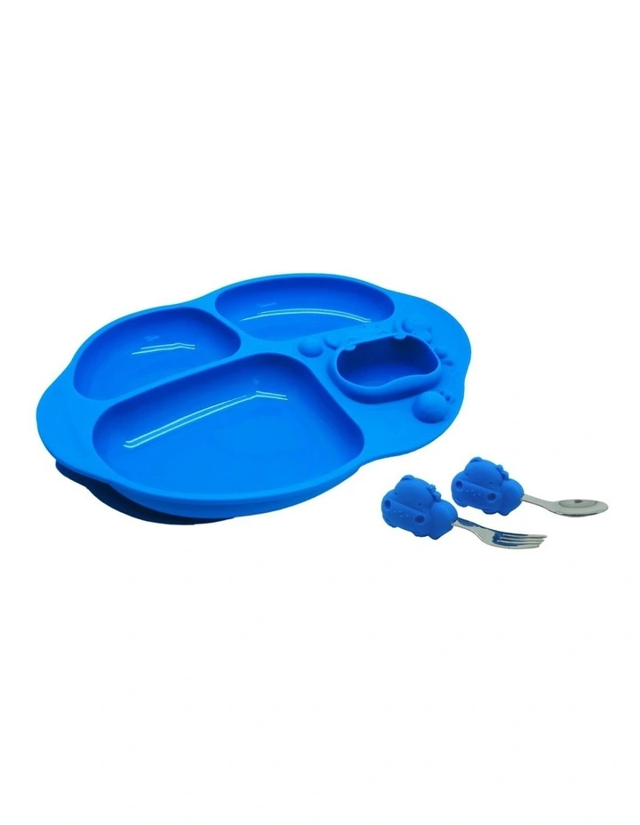 Toddler Silicone Dining Plate Set (18 months+) in Blue Hippo image 2