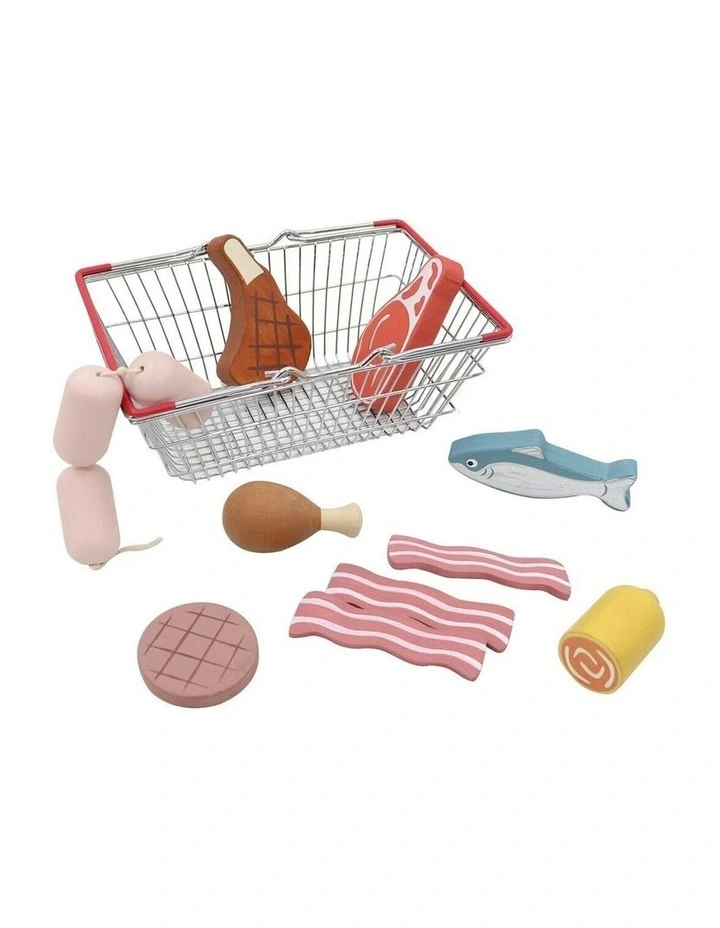Wooden Meat and Fish Playset with Metal Basket Kids Pretend Play Toy 18m image 1