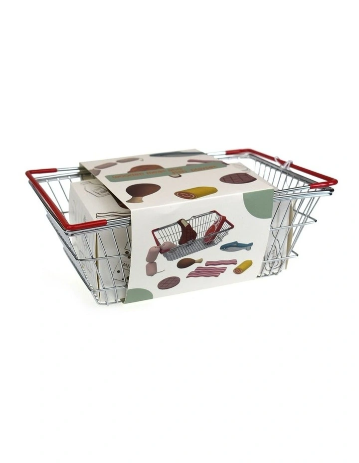 Wooden Meat and Fish Playset with Metal Basket Kids Pretend Play Toy 18m image 2