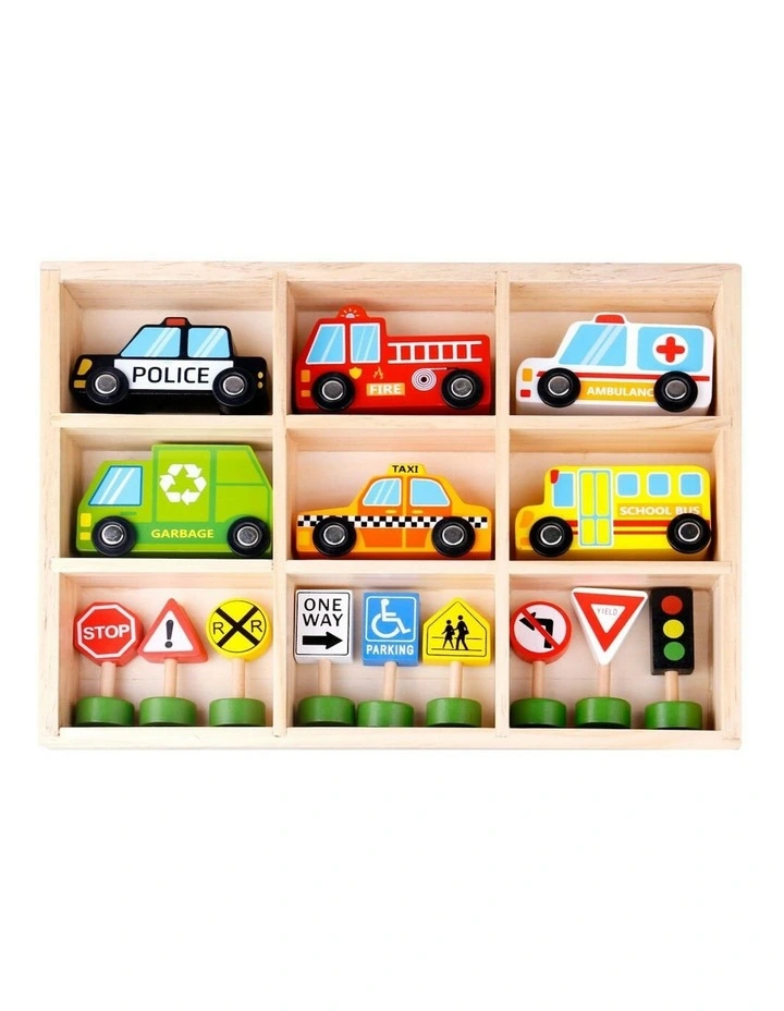 Wooden Transportation & Street Sign Vehicles Set 16 Pieces image 1