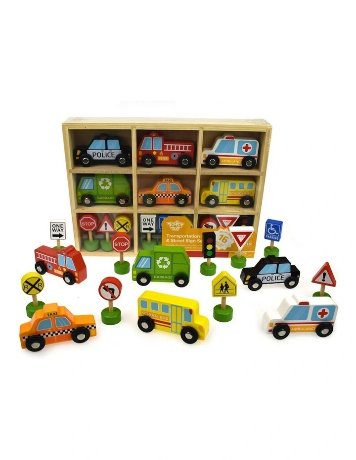 Wooden Transportation & Street Sign Vehicles Set 16 Pieces image 2