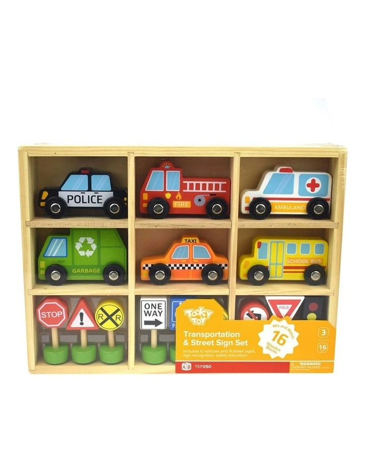 Wooden Transportation & Street Sign Vehicles Set 16 Pieces image 3