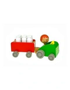 Milk Bottle Tractor & Bowling 24cm Wooden Non-Toxic Toy Set Kids 18m 