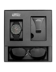 Republic Quartz Watch Set With Card Wallet And Sunglasses in Black