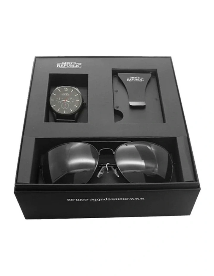 Republic Quartz Watch Set With Card Wallet And Sunglasses in Black image 3