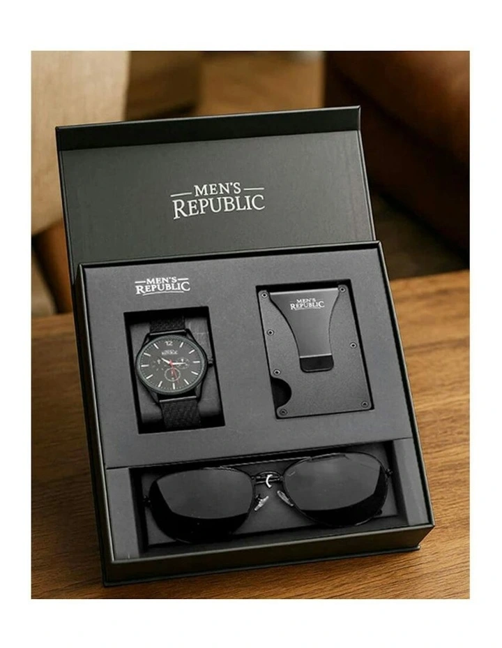 Republic Quartz Watch Set With Card Wallet And Sunglasses in Black image 4