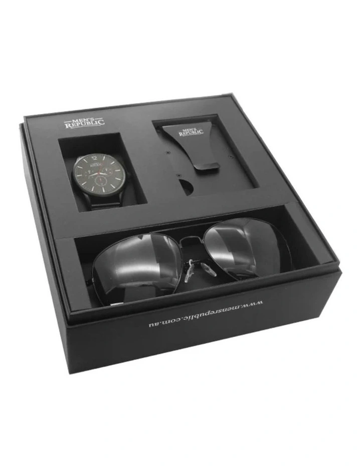 Republic Quartz Watch Set With Card Wallet And Sunglasses in Black image 5