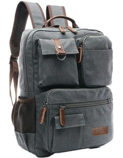 8 Compartment Canvas Vintage Look Laptop Backpack in Grey