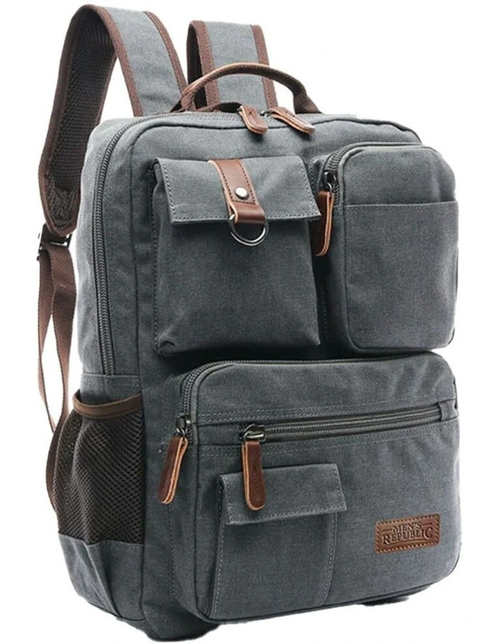 8 Compartment Canvas Vintage Look Laptop Backpack in Grey image 1