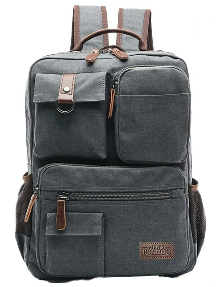 8 Compartment Canvas Vintage Look Laptop Backpack in Grey image 3