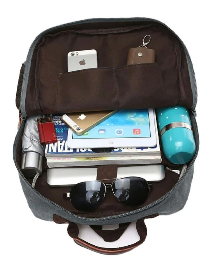 8 Compartment Canvas Vintage Look Laptop Backpack in Grey image 4