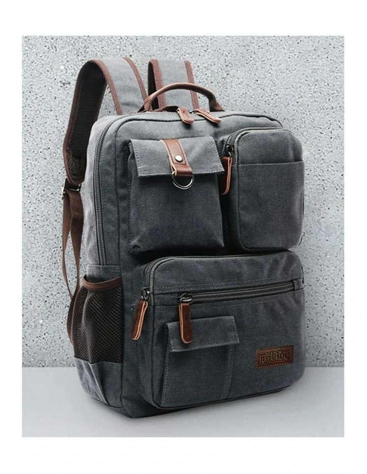 8 Compartment Canvas Vintage Look Laptop Backpack in Grey image 5