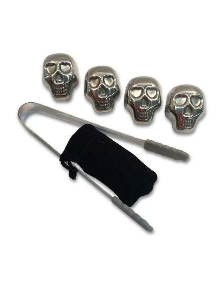 Skull Reusable Stainless Steel Drink Ice Cubes 4 Pieces in Silver image 3