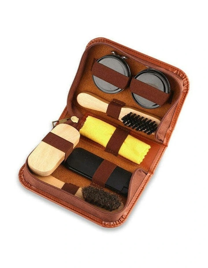 Shoe Polish Shine Care Zipper Bag Wax Brush Cloth Kit 7 Pieces 16cm in Brown image 1