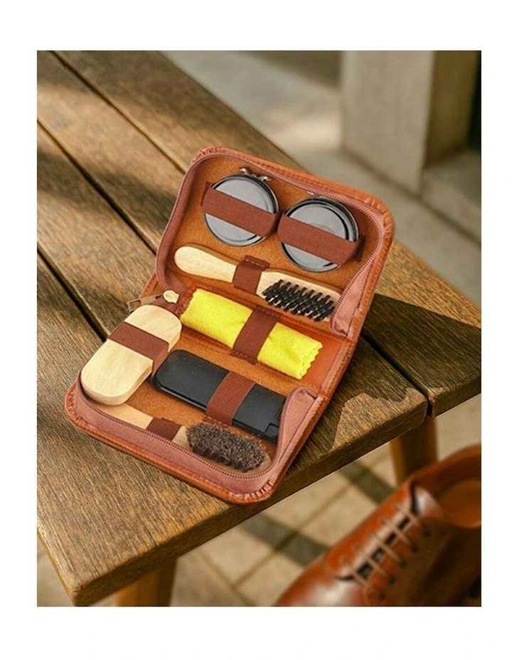 Shoe Polish Shine Care Zipper Bag Wax Brush Cloth Kit 7 Pieces 16cm in Brown image 4