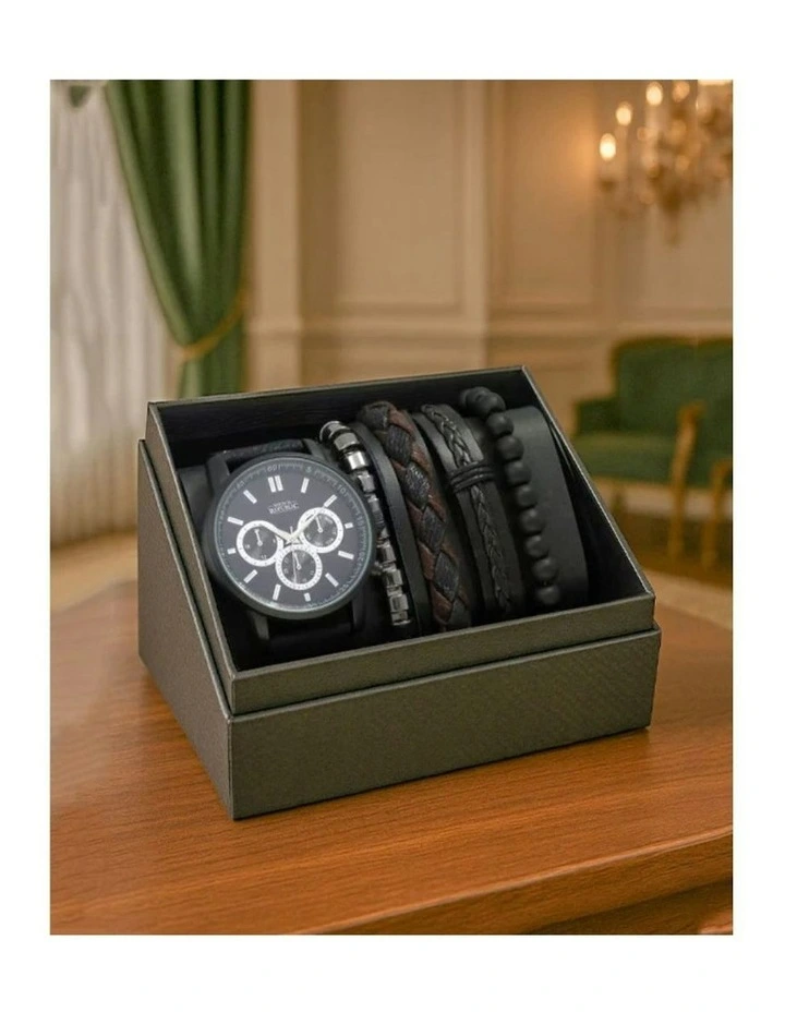 Stylish Modern Watch with 4 Bracelets Gift Set 5 Pieces in Black image 5