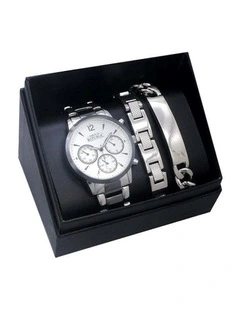 Sleek Stylish Watch with 2 Bracelets Gift Box Set in Chrome/Black