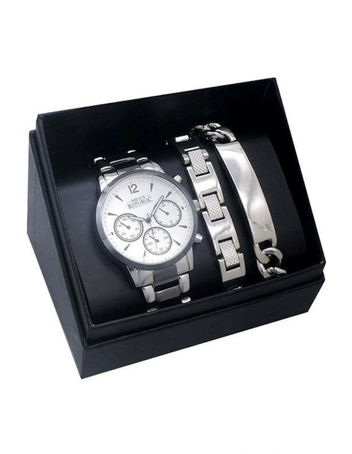Sleek Stylish Watch with 2 Bracelets Gift Box Set in Chrome/Black image 1