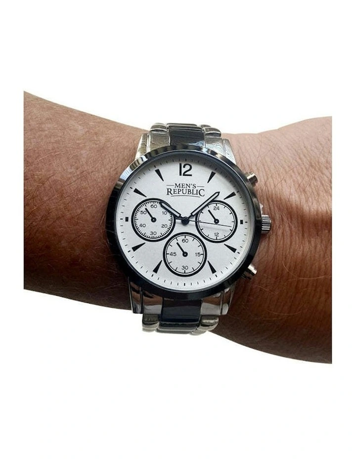 Sleek Stylish Watch with 2 Bracelets Gift Box Set in Chrome/Black image 2