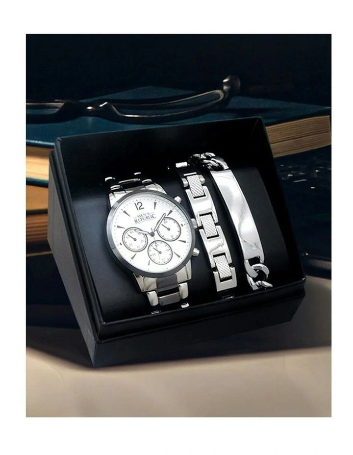 Sleek Stylish Watch with 2 Bracelets Gift Box Set in Chrome/Black image 5